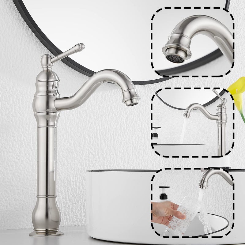 GGStudy 360Â° Swivel Single Handle One Hole Bathroom Vessel Sink Faucet Matching Pop Up Drain Without Overflow Brushed Nickel - Image 3